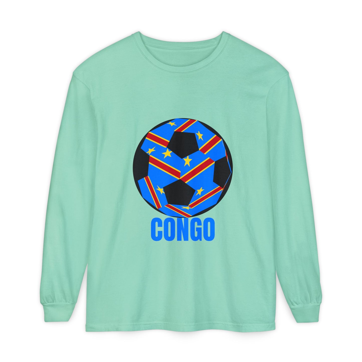 Congo Fan Specialty Soccer Ball Design T Shirt Long Sleeve Tee Blue Text