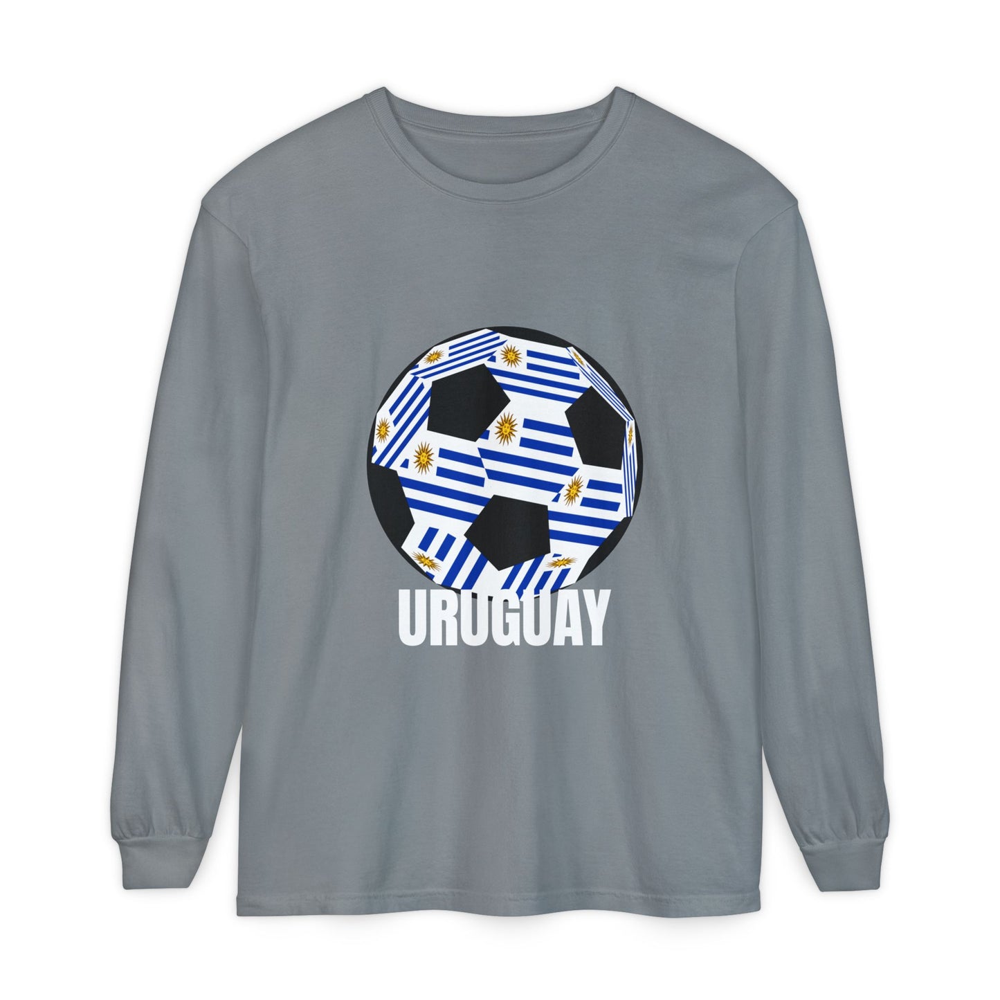 Uruguay Fan Specialty Soccer Ball Design Long Sleeve T‑Shirt White Text
