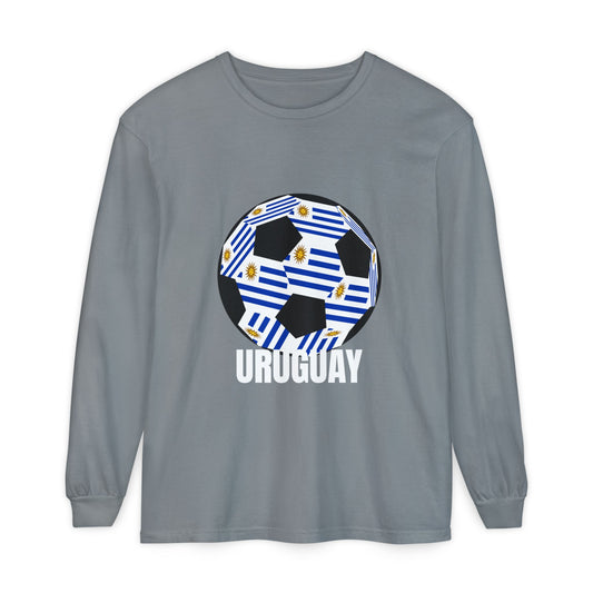 Uruguay Fan Specialty Soccer Ball Design Long Sleeve T‑Shirt White Text
