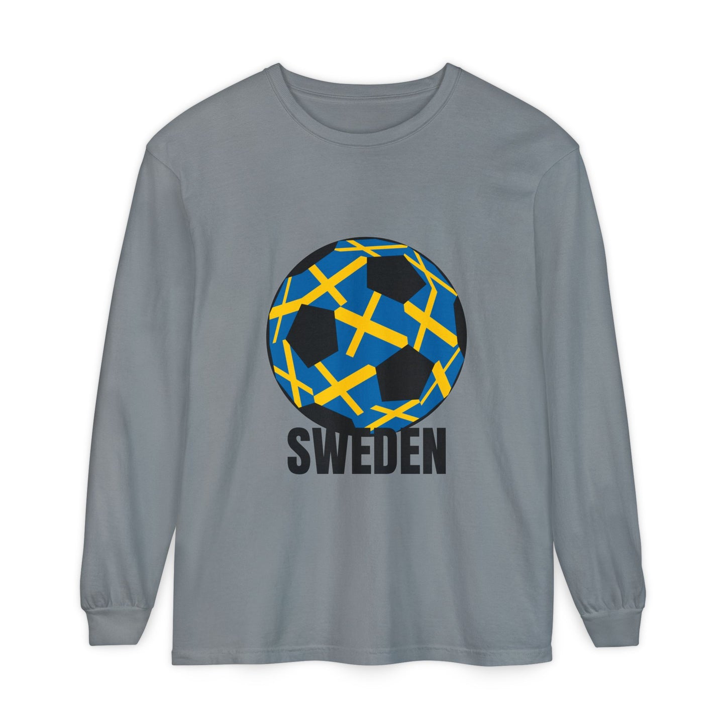 Sweden Fan Specialty Soccer Ball Design Long Sleeve Tee Black Text