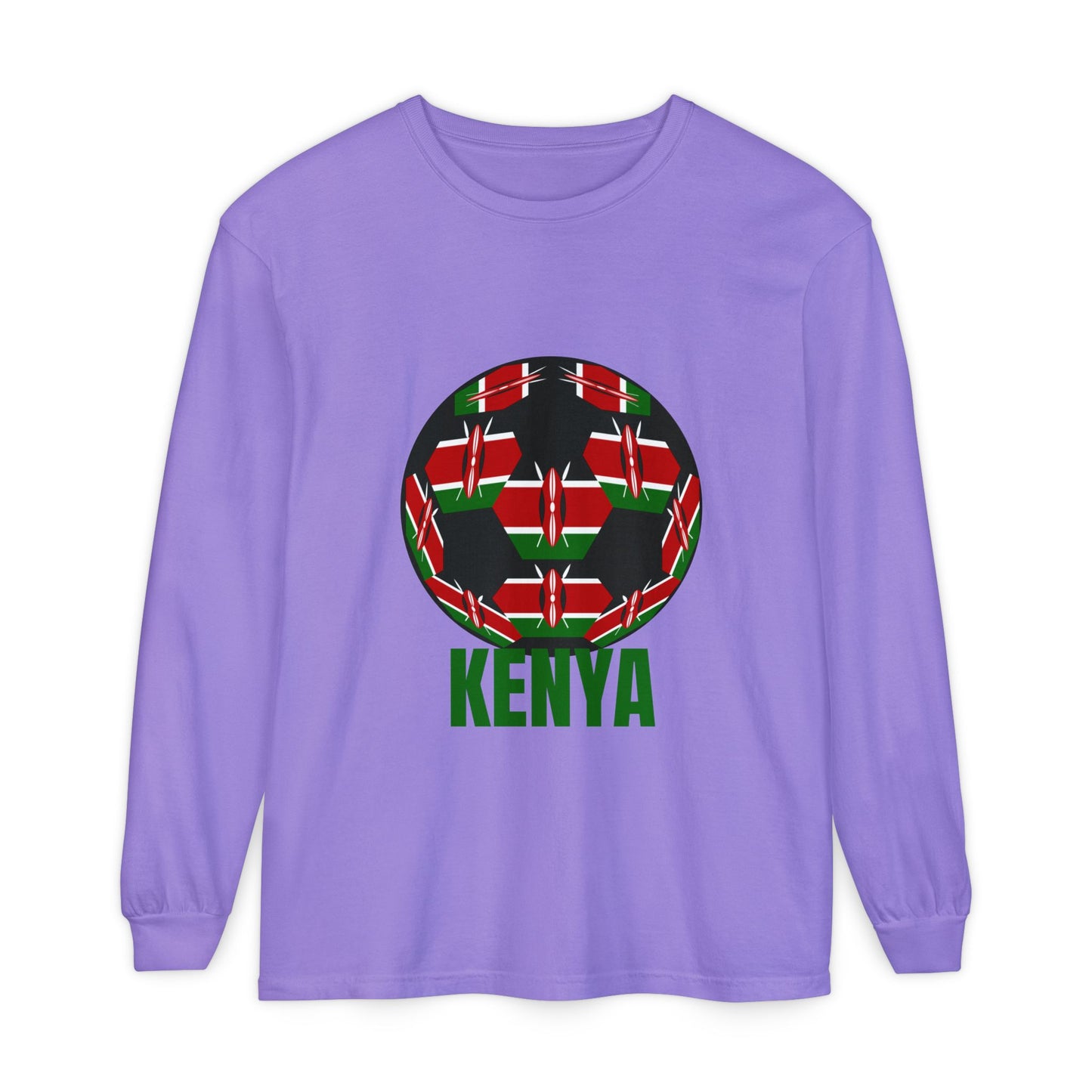 Kenya Fan Specialty Soccer Ball Design T Shirt Long Sleeve Tee Green Text