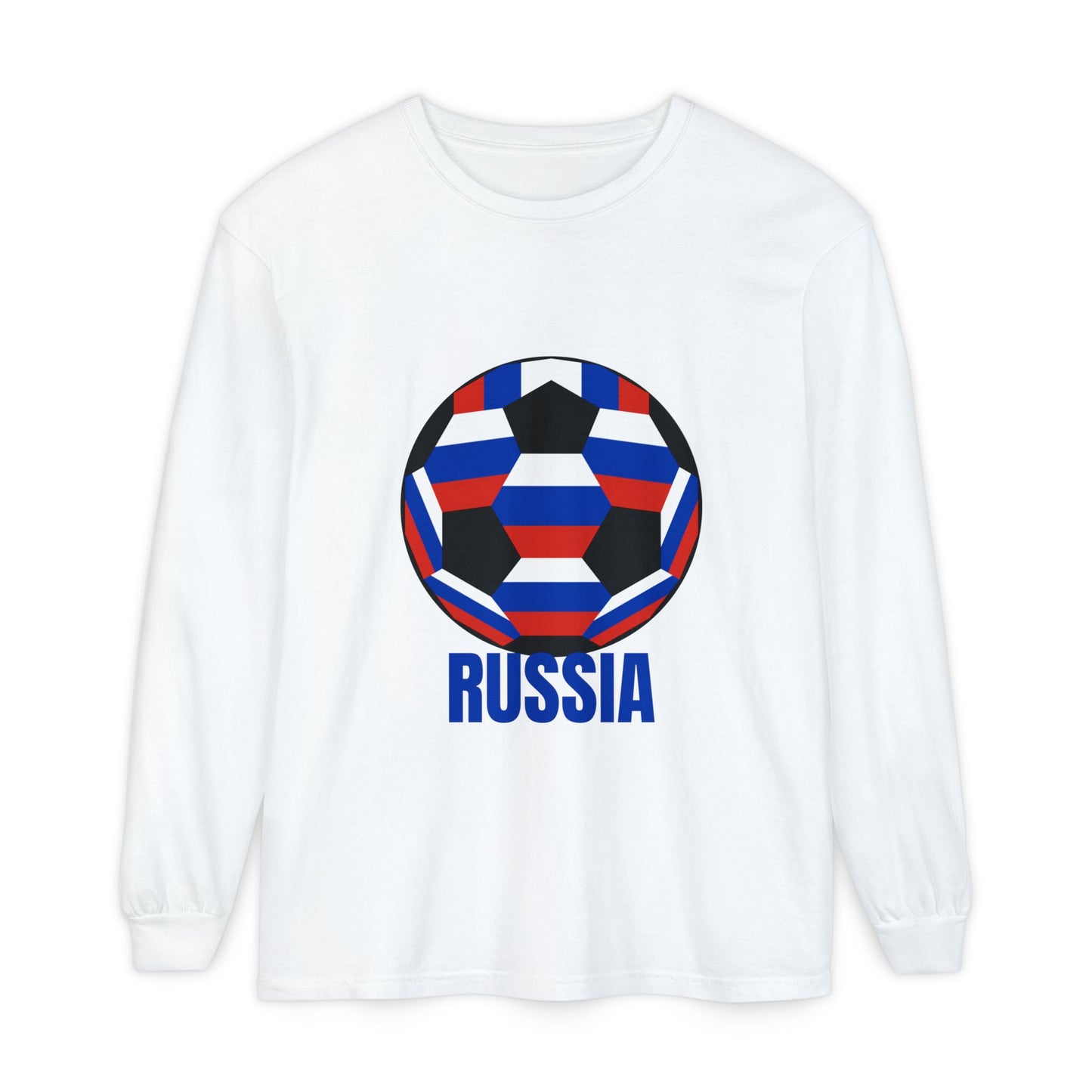 Russia Fan Specialty Soccer Ball Design T Shirt Long Sleeve T-Shirt Blue Text