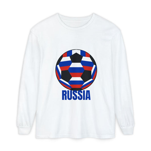Russia Fan Specialty Soccer Ball Design T Shirt Long Sleeve T-Shirt Blue Text