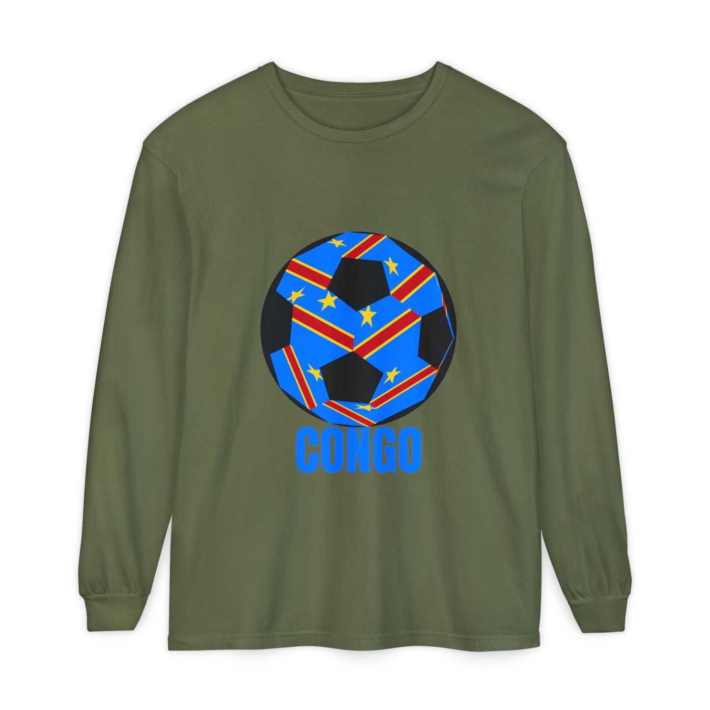 Congo Fan Specialty Soccer Ball Design T Shirt Long Sleeve Tee Blue Text