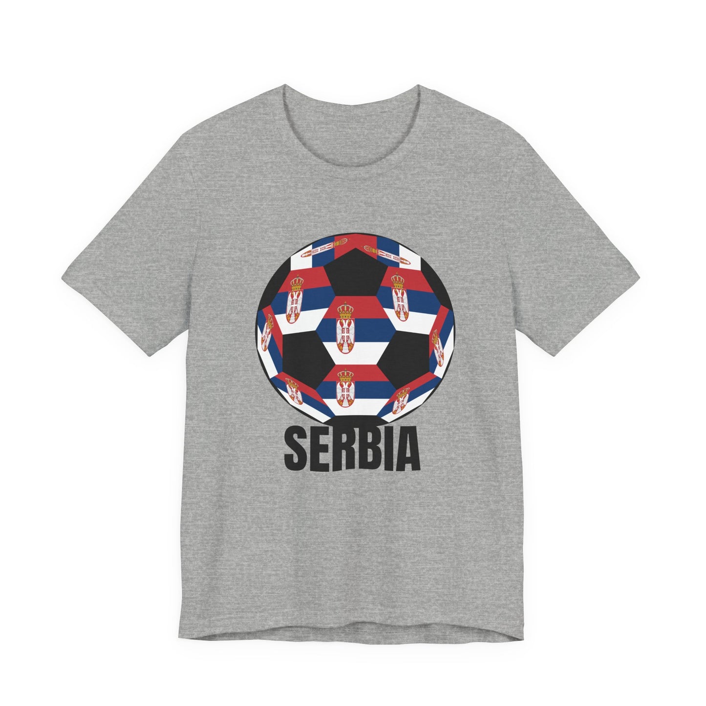 Serbia Fan Specialty Soccer Ball Design T Shirt Black Text