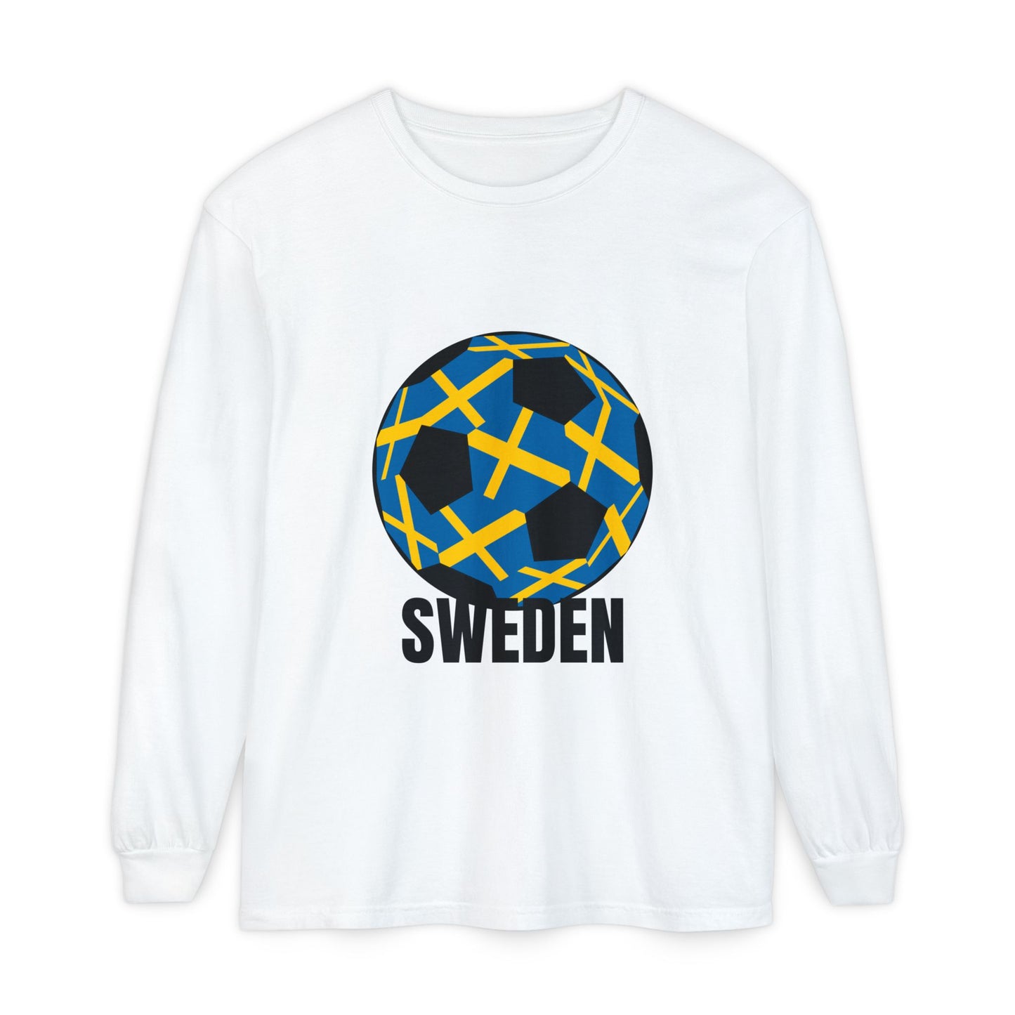 Sweden Fan Specialty Soccer Ball Design Long Sleeve Tee Black Text