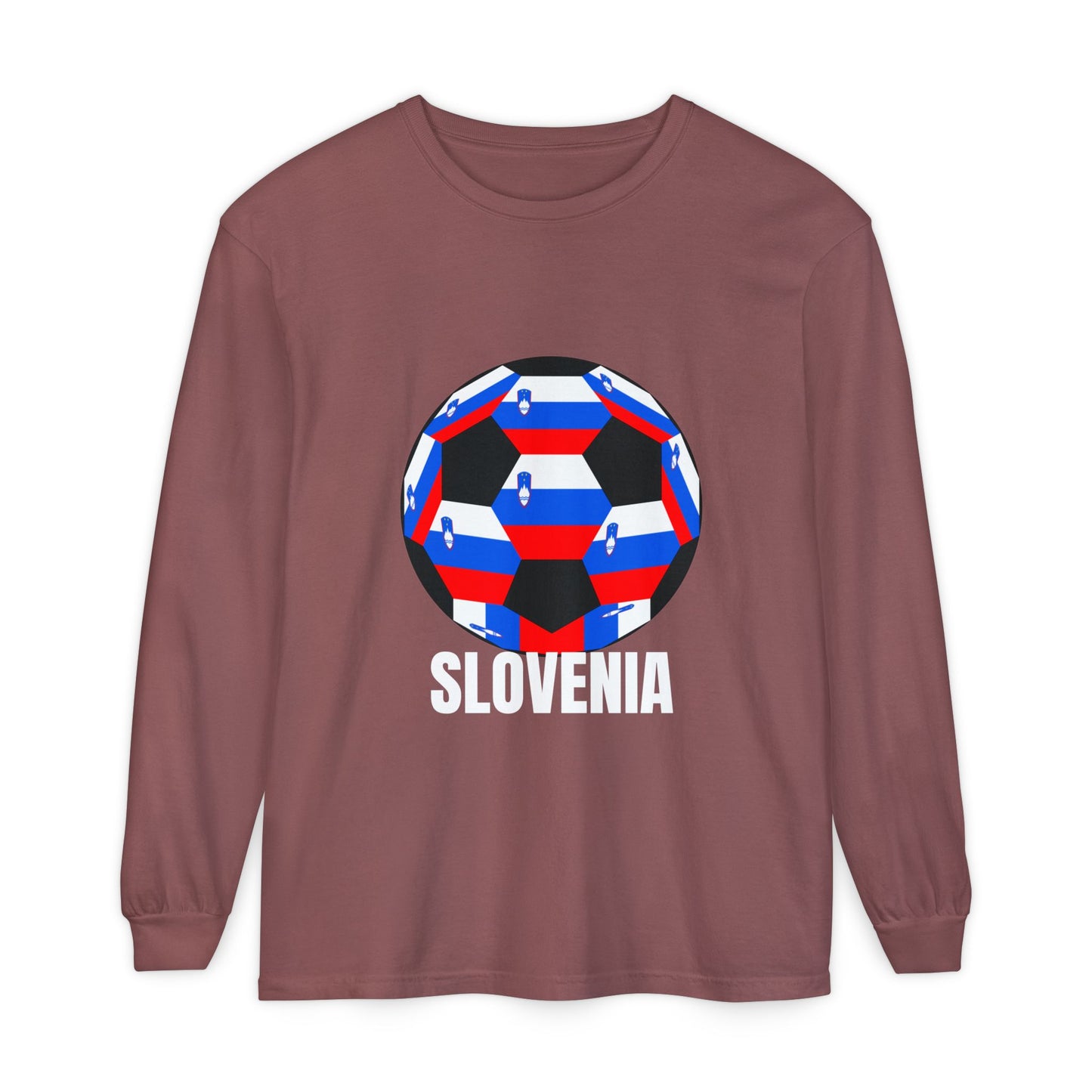 Slovenia Fan Specialty Soccer Ball Design T Shirt Long Sleeve Shirt White Text